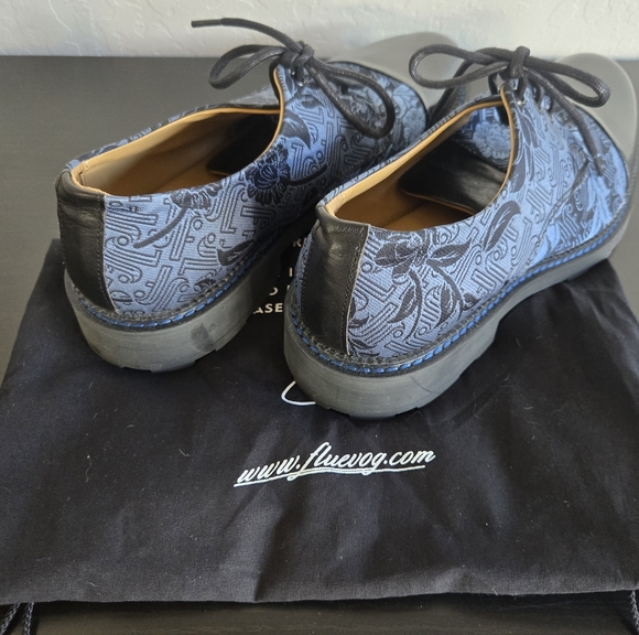 John Fluevog Black and Blue Patterned Oxfords